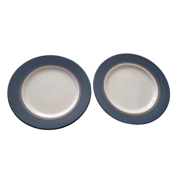 Kensington Thomson Pottery Salad Plates Slate Blue, White, Brown Verge Set of 2 - Picture 1 of 8